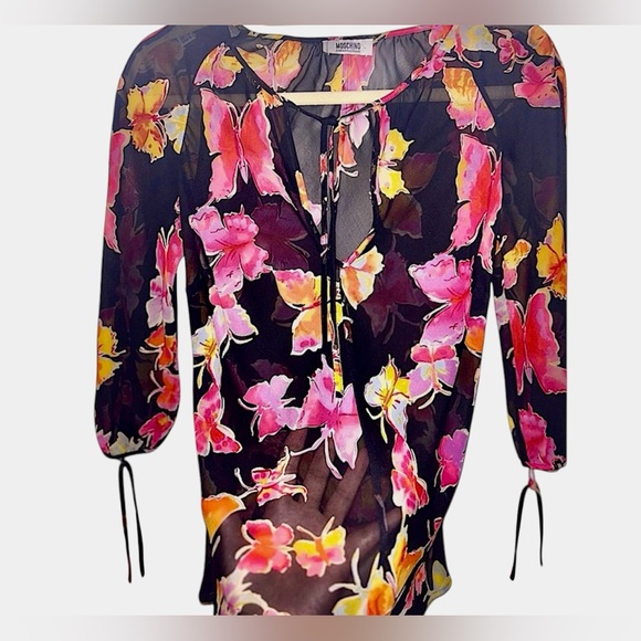 Moschino Vintage 90s Butterfly Print Sheer Blouse | Black + Pink Size XS/S 0-2 - Picture 7 of 10
